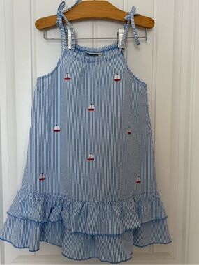 Luigi Kids Sailboat Seersucker Dress Size 5 Blue Stripe Ruffle Summer Dress